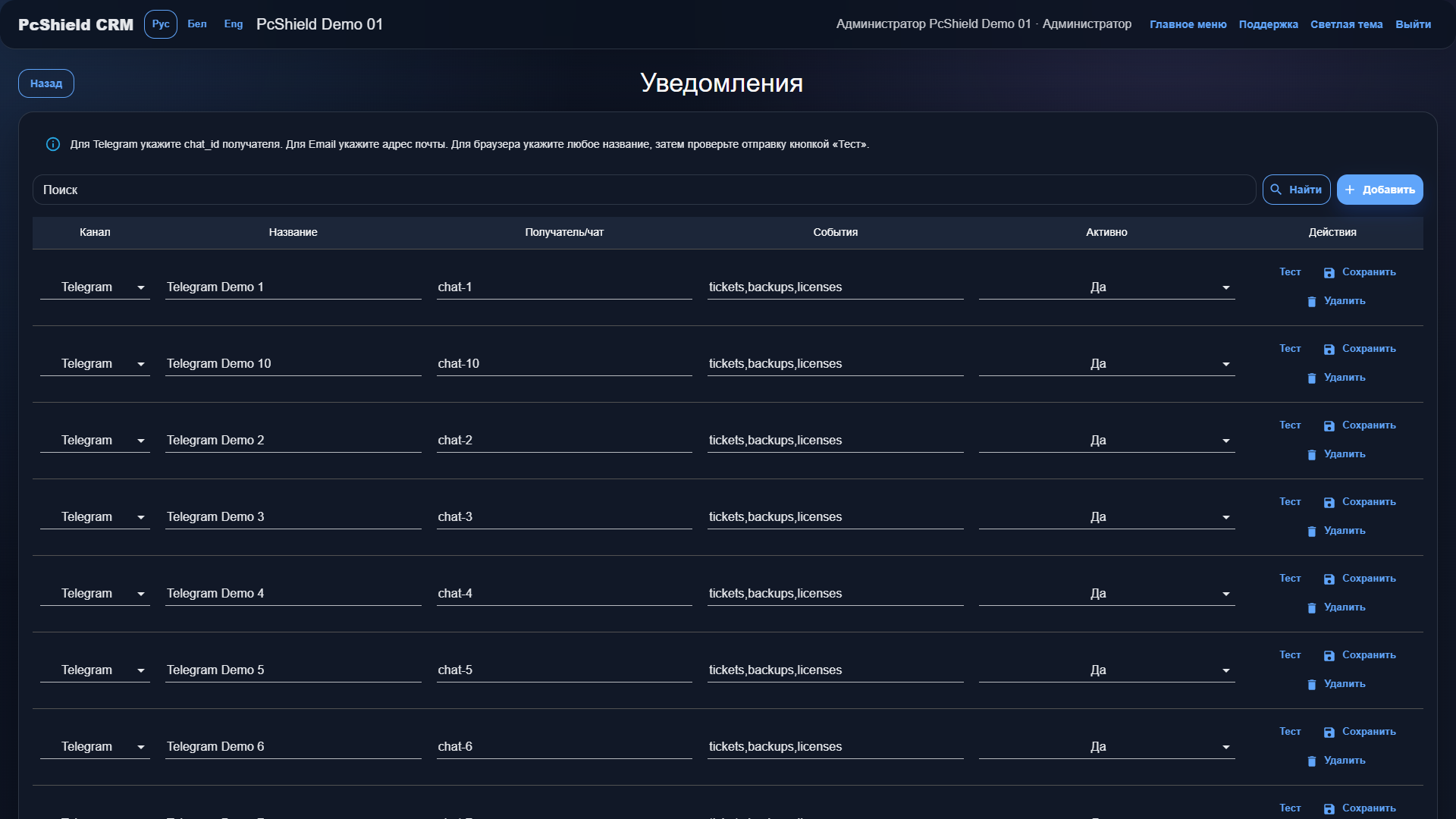 Уведомления в PcShield CRM